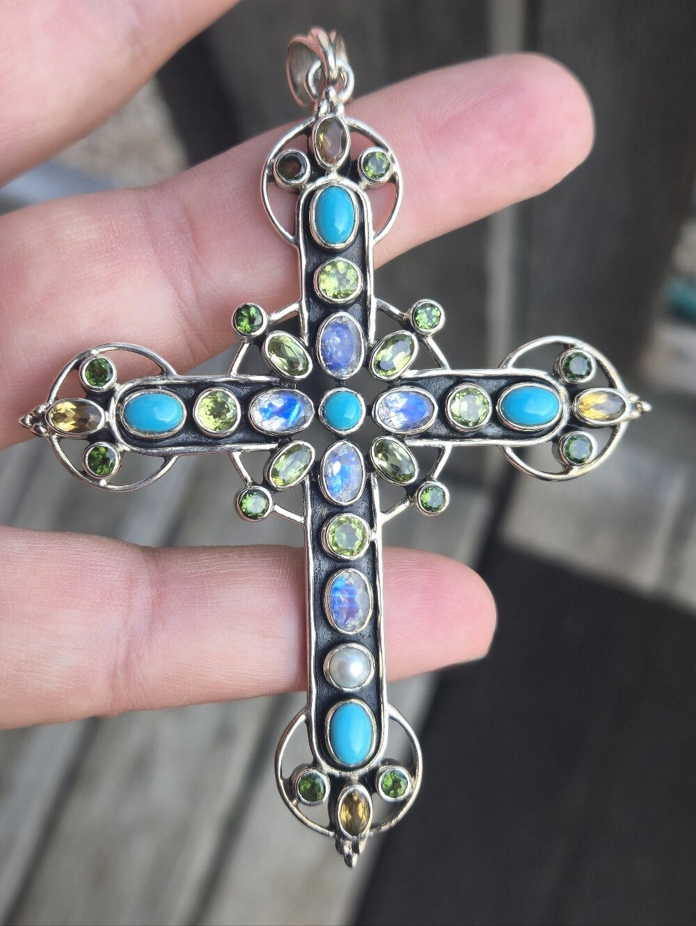 Nicky Butler 925 Sterling Silver Cross Pendant Turquoise Moonstone Peridot NB